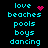 Pixelated cyan text list on black background with animated pink heart and starburst symbols changing position across frames.