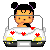 Pixel art animation of a cartoon character driving a car with red flower decorations, shown in two frames where the character's pose changes from holding a black object to having an open hand.