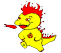 Yellow cartoon dinosaur with red spiky hair and tail, holding a red object in its right hand against gray background.