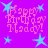 Pixelated 'Happy Birthday Maddy!' text in pink with light blue stars on a solid purple background.