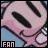 Pixelated pink bunny face with black eyes and nose, blue background, white text 'FAN' in bottom-left corner.