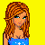 Pixel art of a woman with long orange hair in a blue dress, standing against yellow background with text fragments.