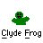 Green pixelated frog-like figure with black eyes and mouth, arms raised in a waving gesture above text reading "Clyde Frog".