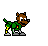 Pixelated character in green outfit with yellow accents, brown wolf-like head, gray shoes; multiple poses including standing, holding white objects, and vehicle forms.