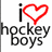 A static icon with 'i' and a red heart symbol followed by 'hockey boys' text on white background, alongside an anime-style character holding colorful gems.