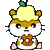 Pixelated hamster with yellow hair, brown stripes, and green leaf on head holds orange guitar against gray background.