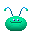 Pixelated green creature with blue antennae and purple eyes, displaying multiple mouth expressions across a