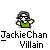 Pixel art character with dark hair and green vest over yellow shirt, arms raised in a gesture above text reading "JackieChan Villain" on gray background.