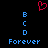 Red pixelated heart symbol above blue pixelated letters B, C, D, and the word 'Forever' on a black background.