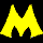 Yellow stylized 'M' shapes in various configurations on a black background, with some forms featuring small red and green accents.