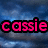 Pixelated text 'cassie' in bright pink with black outline on blue gradient background.