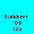 Four identical pixelated text displays arranged in a , each showing 'Summerr' with '09' and '<33' below on distinct solid backgrounds