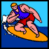 Pixelated animation of a muscular man surfing on an orange board with white foam trails against blue water and sky.
