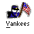 Pixelated static icon of a cartoon police officer holding an American flag with visible dithering and anti-aliasing on gray background, below which is the word 'Yankees' in pixel font.