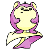 A cartoon character with purple fur and yellow belly stands on a curved platform, transitioning from neutral to joyful expressions while emitting colorful pixelated particles.