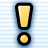 Static pixel art exclamation mark icon with yellow fill and black outline on light blue striped background.
