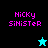 Pixelated text 'NICKy SiNiSTeR' in pink on split black and cyan backgrounds with a star icon changing from light blue to black.