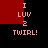 Pixelated text 'I LUV 2 TWIRL!' in light red on black background with red rectangular blocks, two identical static frames shown side-by-side.