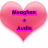 Pixelated pink heart-shaped icon with purple text reading 'Morgan + Luke' centered inside.
