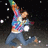 A person in a colorful patterned shirt and blue jeans strikes a dynamic pose with one arm raised high, surrounded by white sparkles against a dark background.