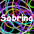 A static pixel art image with a black background overlaid by multicolored, interwoven lines in cyan, purple, yellow, green, and red forming abstract loops. White text reading 'Sabrina' is centered over the pattern.