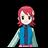 Pixel art character with red hair and blue jacket on left, alongside stylized text "Anime IM" and signature "cOm" on right against black background.