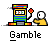 Pixel art of a yellow figure interacting with a colorful slot machine, showing sequential animation frames where the figure's hand moves toward and away from the lever while the machine displays different symbols.
