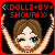 Pixelated doll avatar with brown hair in a bun, blue eyes, and raised arms against black background; text "DOLL2+BY+ SHOURI" at top.