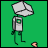 Pixel art character with gray blocky head and body holding a cracked stone, standing on green background with small orange object below.