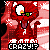 Red pixelated cat-like creature with large white eyes and green pupils, mouth open in a grin, standing against red-and-white striped background with text "CRAZY!?" below.