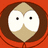 Pixelated character with large white eyes and brown hair in an orange hooded garment, next to red text on black background.