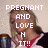 Pixelated image of a person with brown hair wearing red and white clothing, overlaid with large pixelated text reading "PREGNANT AND LOVE N IT!!" on a light background.