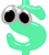 Animated green dollar sign with two distinct eye styles: large round sunglasses and narrow black sunglasses.