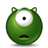 Green cartoon character with single large eye, two small ears, and open mouth in two expressions: one with black pupil dot, other with horizontal line.