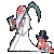 Animated pixel art of a figure with white robe, red hair, and dark top hat holding a scythe, standing beside a smaller seated figure in similar attire.