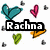 Pixelated icon with 'Rachna' text in white letters on black background, surrounded by colored heart shapes and small gray fragments.