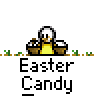 A 4x3 contact sheet of pixel art frames showing a yellow stick figure with white head holding two brown baskets, each containing small brown objects resembling Easter eggs, against a gray background with green grass-like pixels at the bottom.