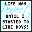 A 5x5 contact sheet of animated frames showing a text-based buddy icon with changing color effects on the phrase "LIFE WAS PERFECT UNTIL I STARTED TO LIKE BOYS!" against a light blue background.