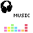Four identical black headphone icons with white ear cups above four distinct colorful equalizer bar patterns and the word MUSIC in pixelated text.