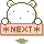 Pixel art contact sheet showing two frames of an animated white bear mascot with pink cheeks holding a yellow-and-pink checkered sign reading "NEXT" in brown letters, displayed on gray background.