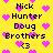 Yellow background with pink heart shapes and black text reading "Nick Hunter Doug Brothers <3" in pixelated font.