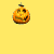 Animated contact sheet of 8 pumpkin icons arranged in a 3x3 grid on yellow background with gray transparency corner, each frame showing variations of jack-o'-lantern faces with different expressions and stem positions.