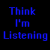 Blue and pink pixelated text on black background with scattered dots, including "Think I'm Listening" and multiple "LA!!" instances.