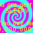 A static image with four identical spiral patterns in cyan and magenta, overlaid with yellow text reading "YOU ARE GETTIN SLEEPY" and "YOU OWE ME 1,000,000".
