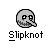 Pixelated gray skull icon with hollow eyes and a toothy grin above the text "Slipknot" in blocky black letters on white background.