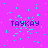 Purple background with cyan pixel fragments scattered , five instances of 'TAYKAY' text in dark purple lettering arranged in two