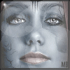 A grayscale animated avatar with cracked skin texture, showing subtle eye and mouth movement across frames.