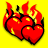 A static pixel art icon featuring two red hearts with black outlines surrounded by yellow and orange flames on a solid yellow background.