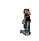 A pixelated character in a black tank top and blue jeans performs various skateboarding actions on a gray background.