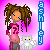 Pixel art of a girl with brown dreadlocks, pink shirt, and gray pants standing next to a white cat on a pink background.